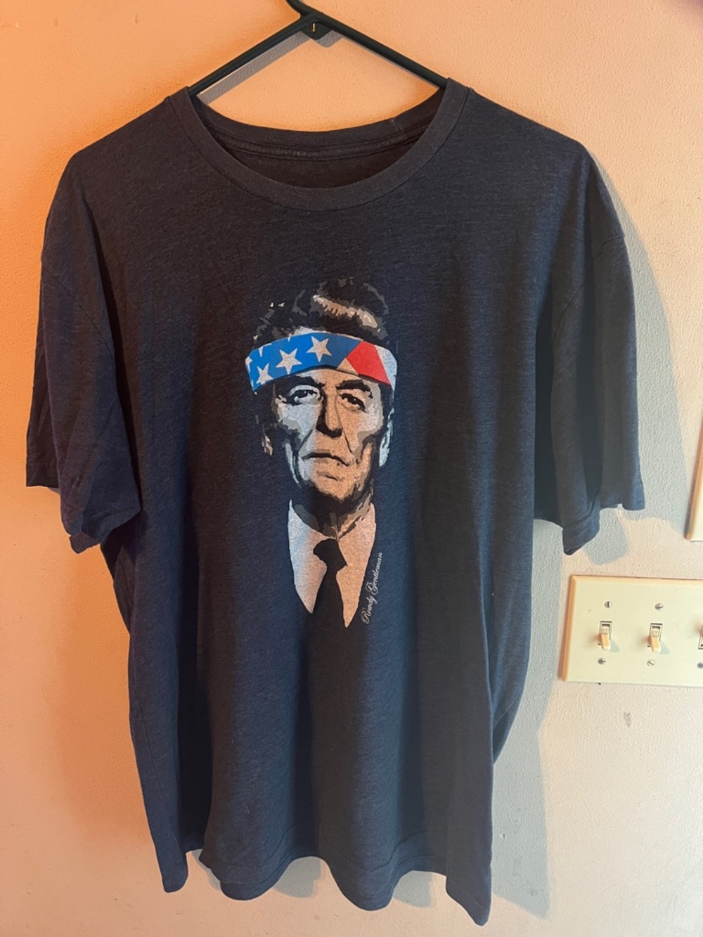 ROWDY GENTLEMEN RONALD REAGAN WITH A BANDANA ON TEE HEATHER NAVY SIZE XL